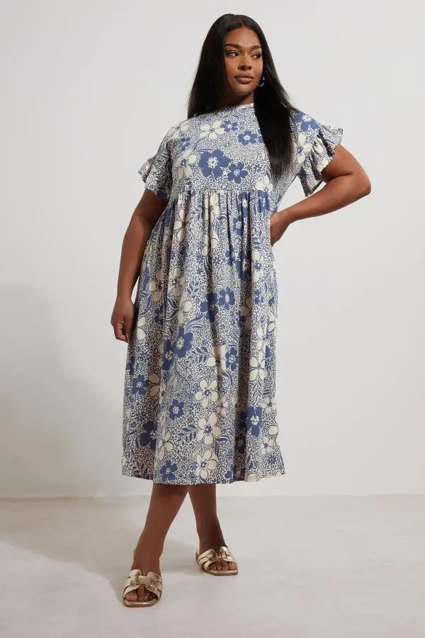 Yours Curve Blue Floral Print Frill Sleeve Midaxi Dress, Women's Curve & Plus Size, Yours