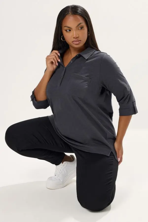Yours Curve Charcoal Grey Cotton Placket Shirt, Women's Curve & Plus Size, Yours