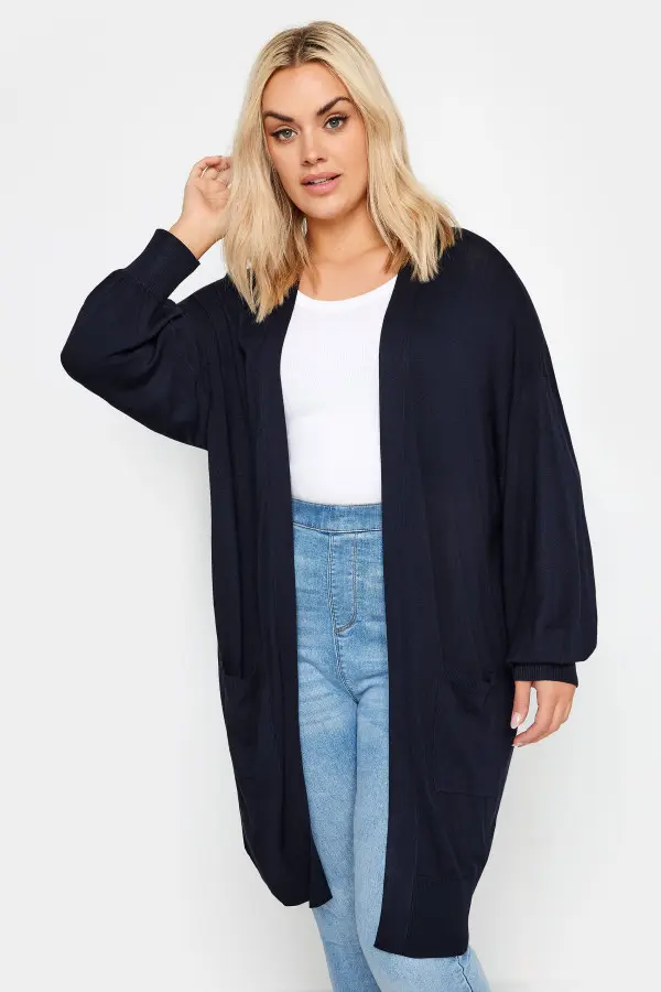 Yours Curve Navy Blue Balloon Sleeve Fine Knit Cardigan, Women's Curve & Plus Size, Yours