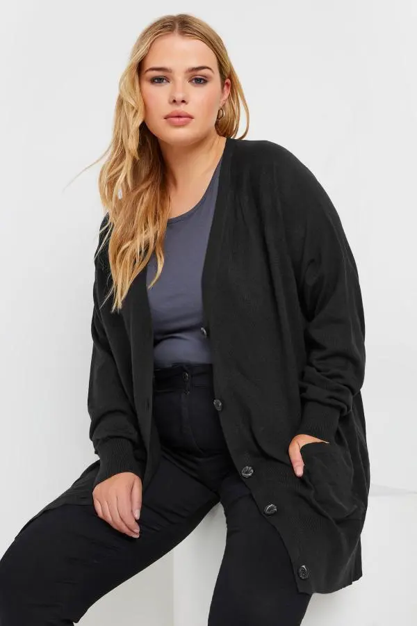 Yours Curve Black Boyfriend Button Through Cardigan, Women's Curve & Plus Size, Yours