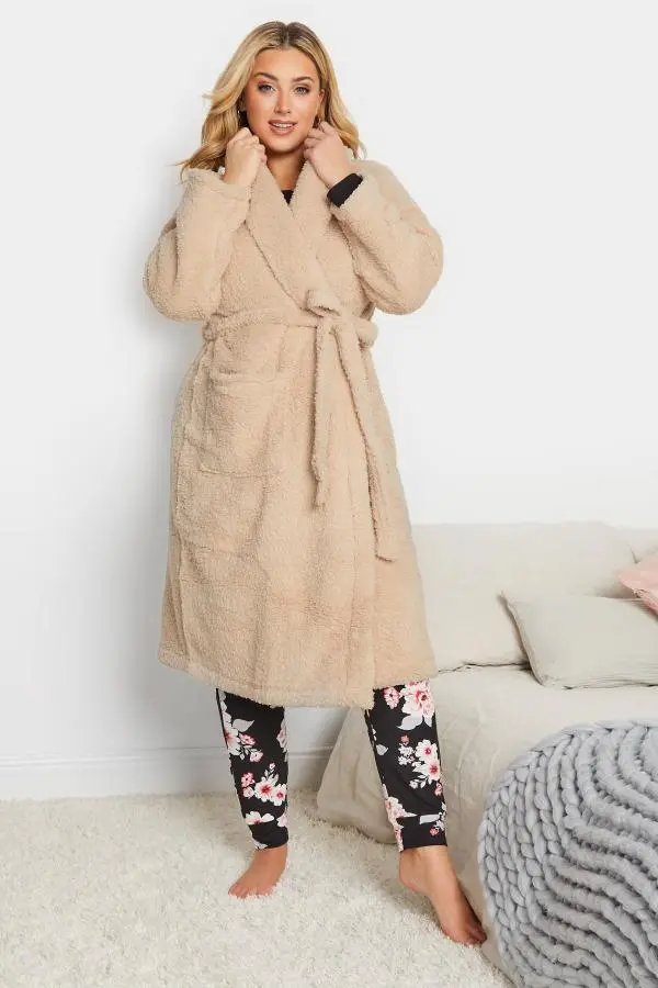 Yours Curve Beige Brown Teddy Fleece Dressing Gown