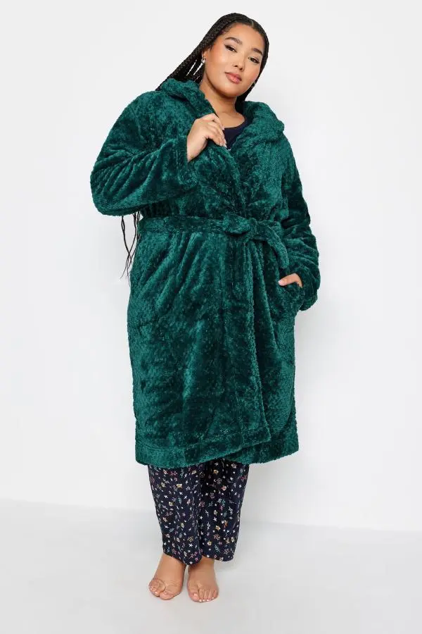 Yours Curve Emerald Green Waffle Fleece Hooded Dressing Gown