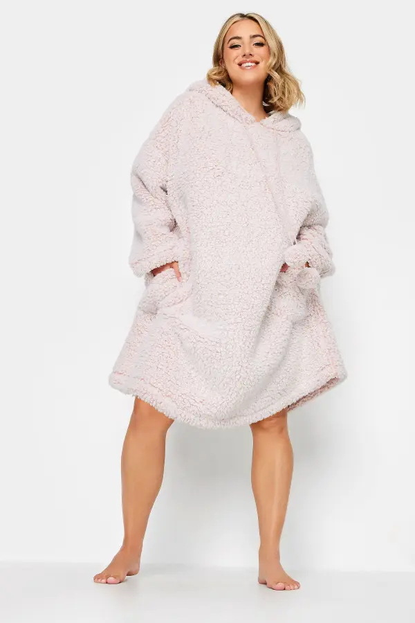 Yours Curve Light Pink Teddy Drawstring Snuggle Hoodie