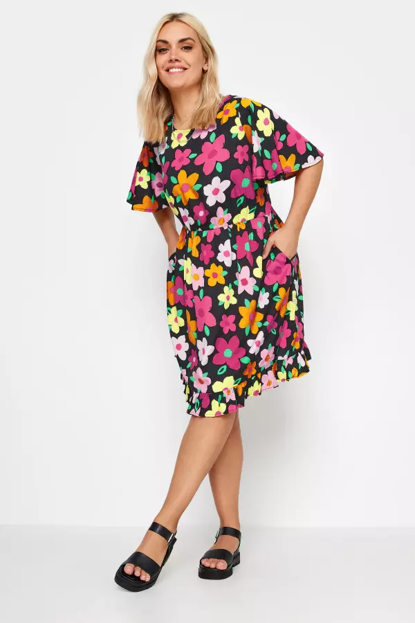 Yours Curve Black Floral Print Frill Smock Dress, Women's Curve & Plus Size, Yours