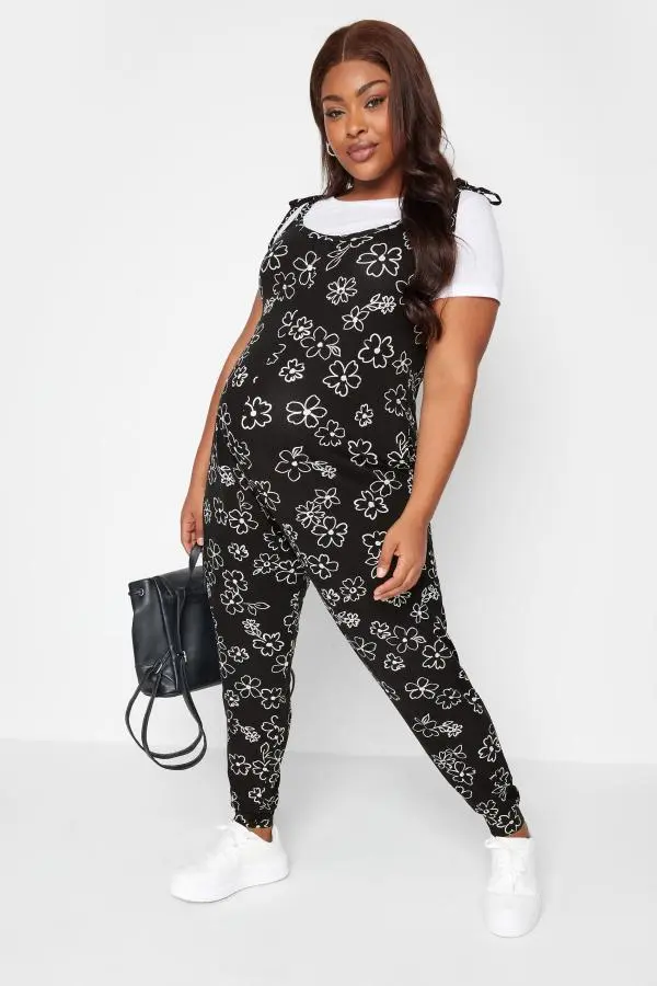 Bump It Up Maternity Curve Black Floral Print Jumpsuit, Women's Curve & Plus Size, Bump It Up