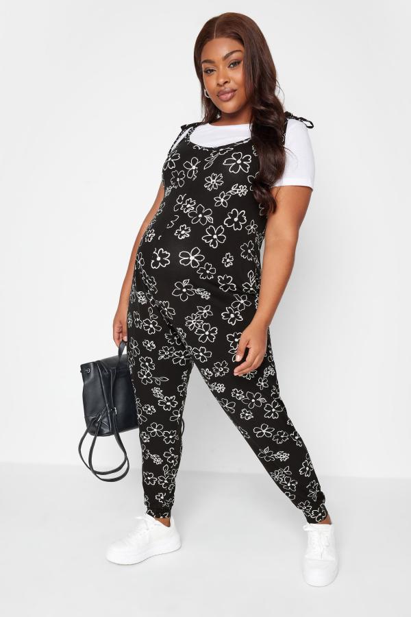 Bump It Up Maternity Curve Black Floral Print Jumpsuit, Women's Curve & Plus Size, Bump It Up