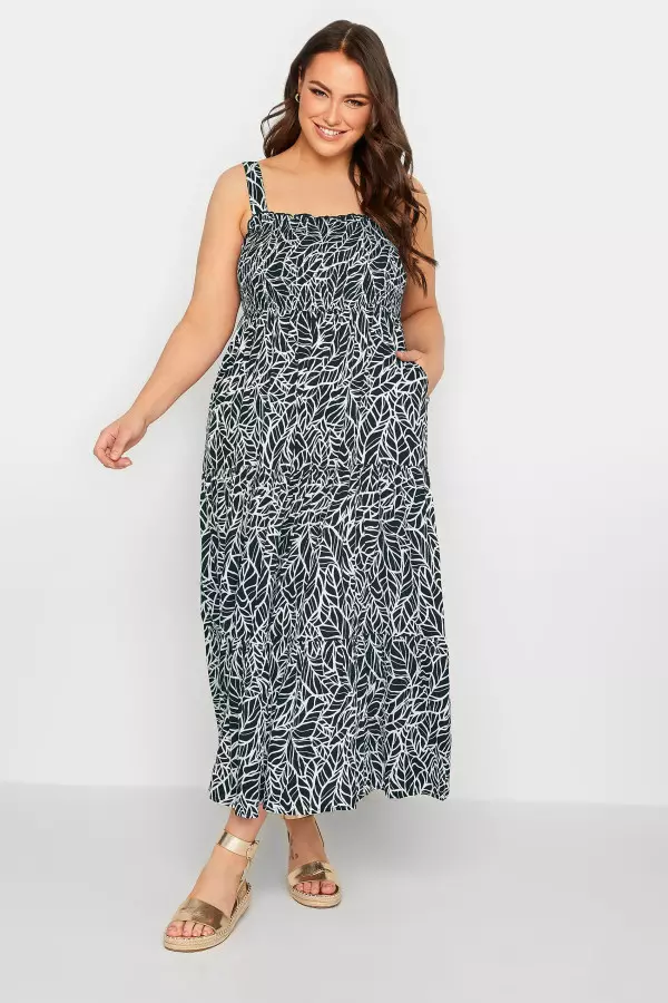 Yours Curve Black Leaf Print Shirred Maxi Dress, Women's Curve & Plus Size, Yours