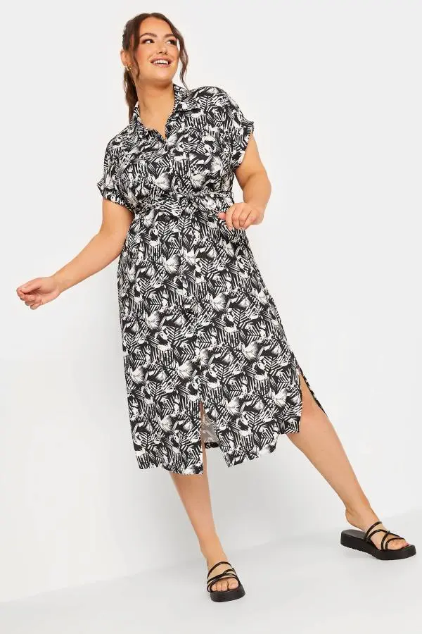 Yours Curve Black & White Leaf Print Spilt Hem Midaxi Shirt Dress, Women's Curve & Plus Size, Yours