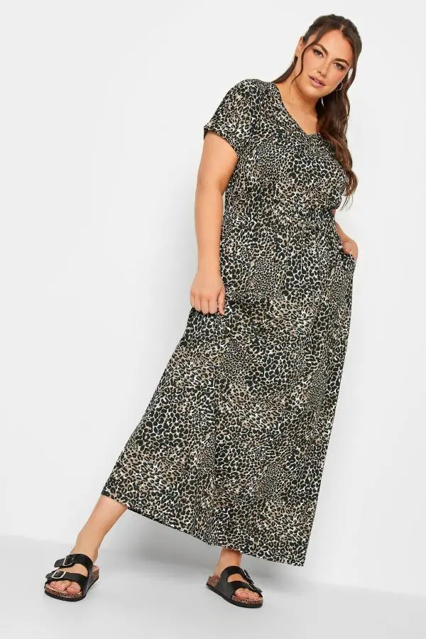 Yours Curve Brown Leopard Print Maxi Tshirt Dress, Women's Curve & Plus Size, Yours