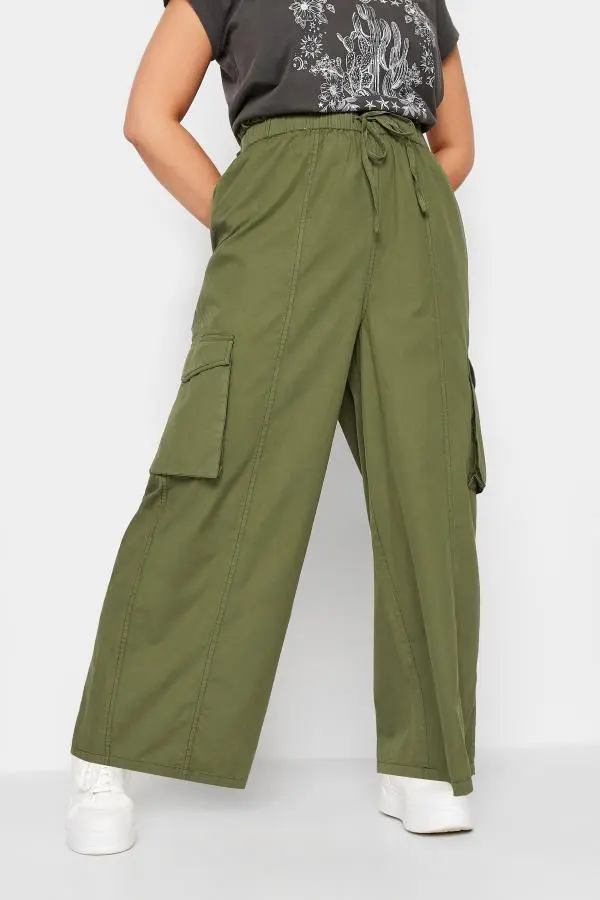 Yours Curve Khaki Green Cargo Wide Leg Trousers, Women's Curve & Plus Size, Yours