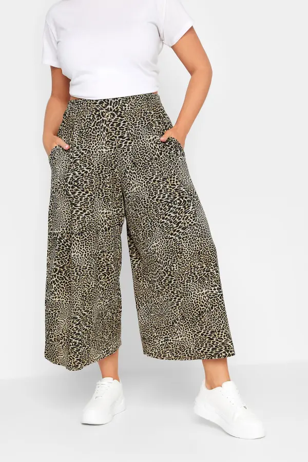 Limited Collection Curve Brown Leopard Print Extra Wide Leg Culottes, Women's Curve & Plus Size, Limited Collection