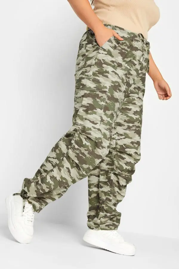 Yours Curve Green Camo Print Cargo Parachute Trousers, Women's Curve & Plus Size, Yours