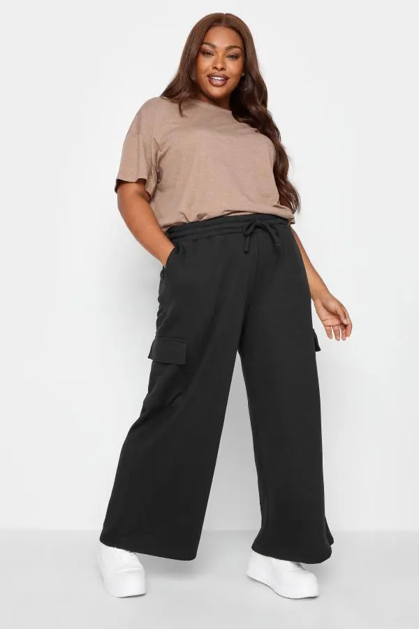 Yours Curve Black Wide Leg Cargo Pocket Joggers, Women's Curve & Plus Size, Yours