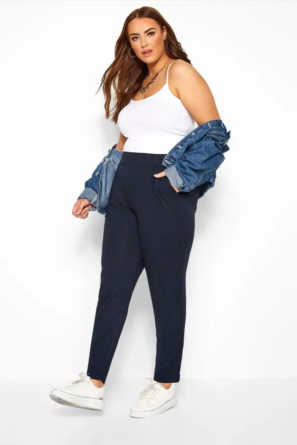 Yours Curve Navy Blue Double Pleat Stretch Jersey Joggers, Women's Curve & Plus Size, Yours