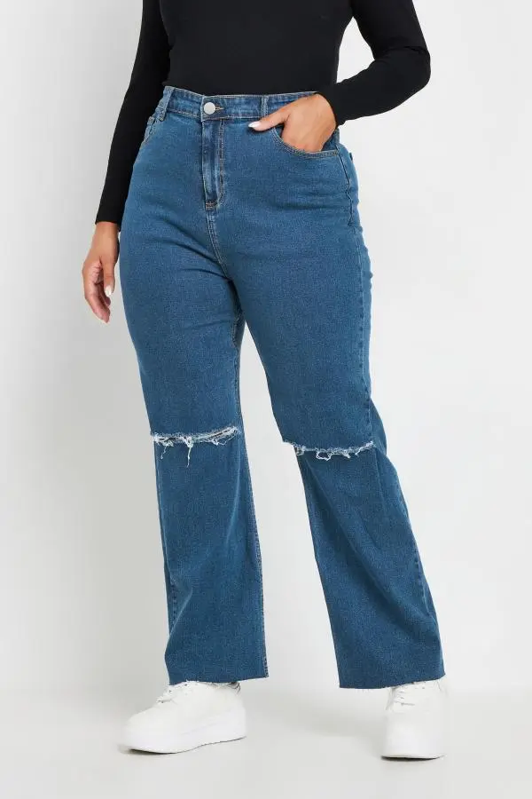 Yours Curve Mid Blue Ripped Stretch Wide Leg Jeans, Women's Curve & Plus Size, Yours