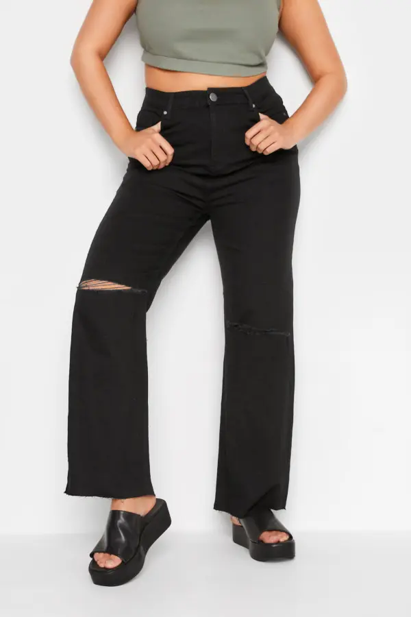 Yours Curve Black Ripped Wide Leg Stretch Jeans, Women's Curve & Plus Size, Yours