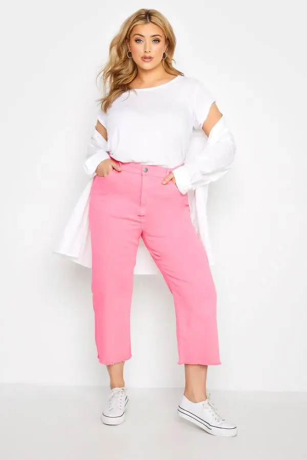 Yours Curve Pink Stretch Wide Leg Cropped Jeans, Women's Curve & Plus Size, Yours