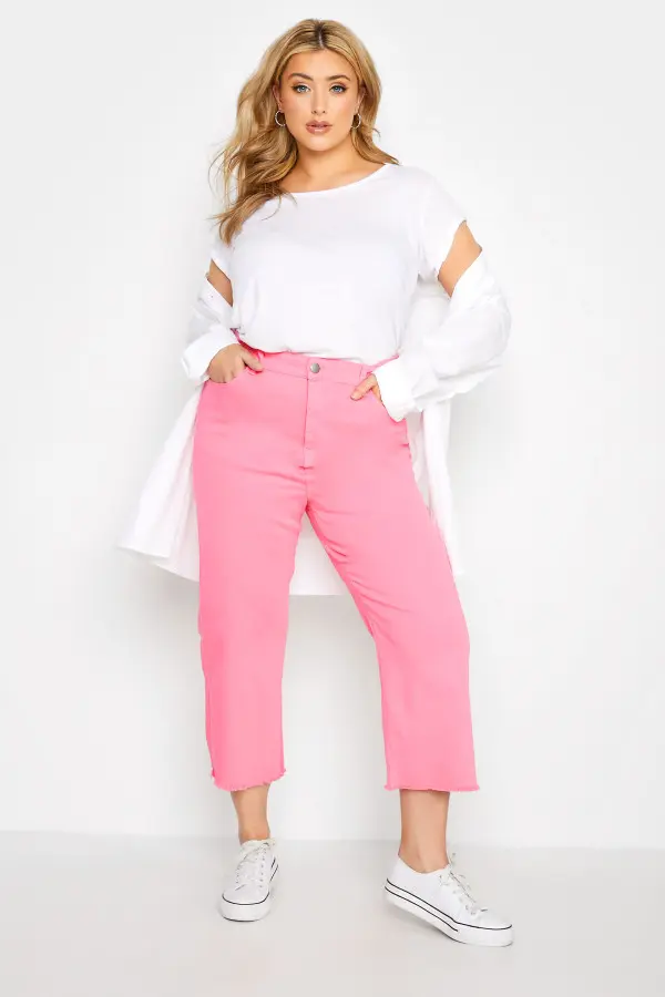 Yours Curve Pink Stretch Wide Leg Cropped Jeans, Women's Curve & Plus Size, Yours