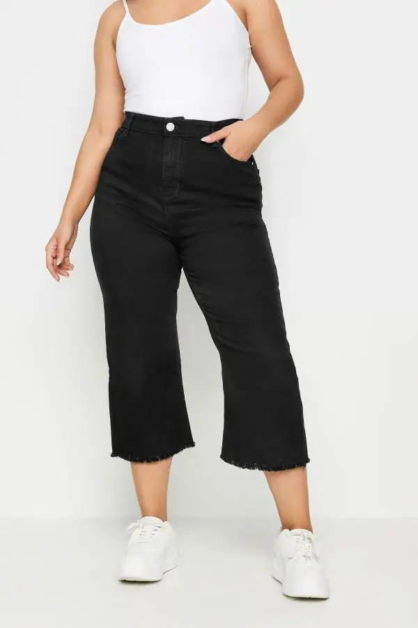 Yours Curve Black Stretch Wide Leg Cropped Jeans, Women's Curve & Plus Size, Yours