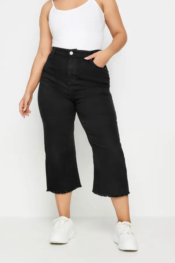Yours Curve Black Stretch Wide Leg Cropped Jeans, Women's Curve & Plus Size, Yours