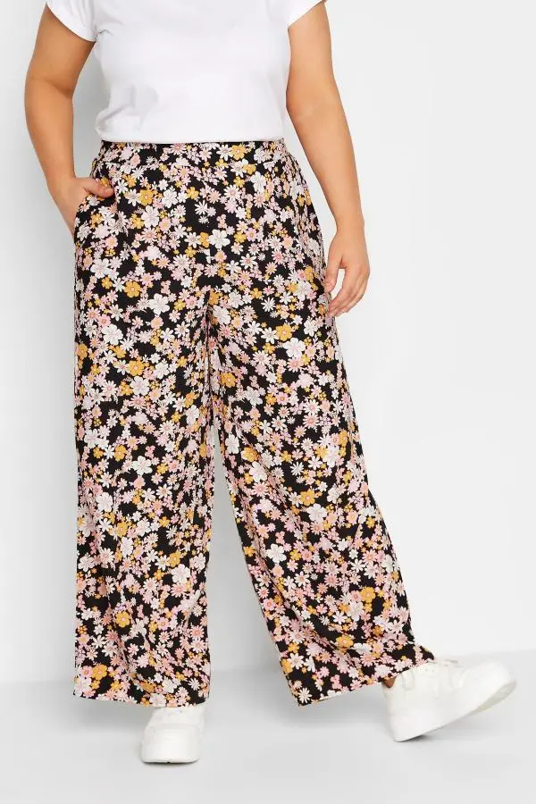 Yours Curve Black Floral Wide Leg Trousers, Women's Curve & Plus Size, Yours