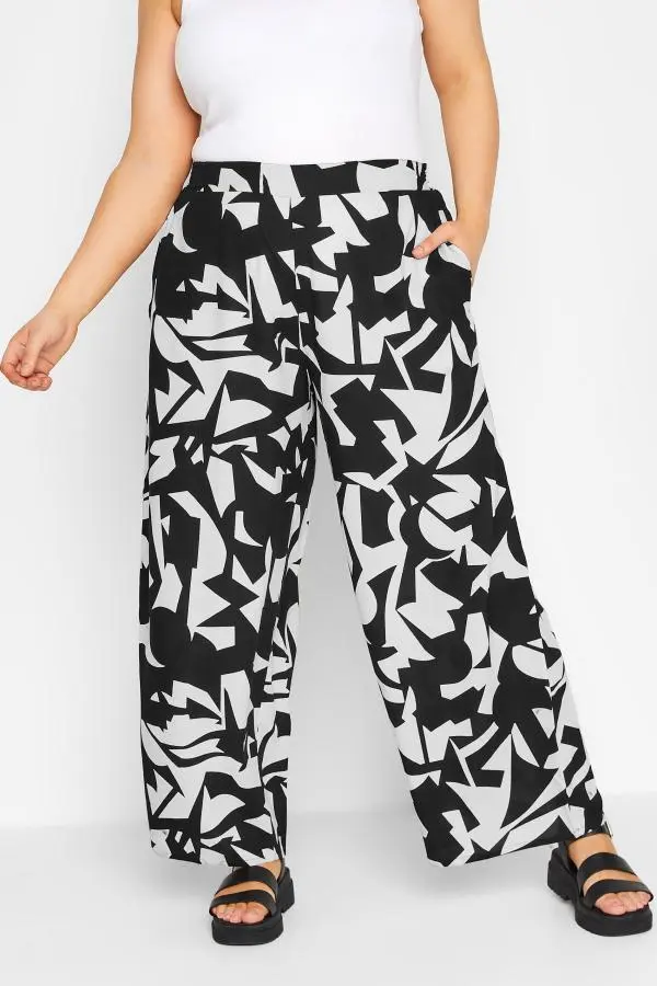 Yours Curve Black Abstract Print Wide Leg Trousers, Women's Curve & Plus Size, Yours