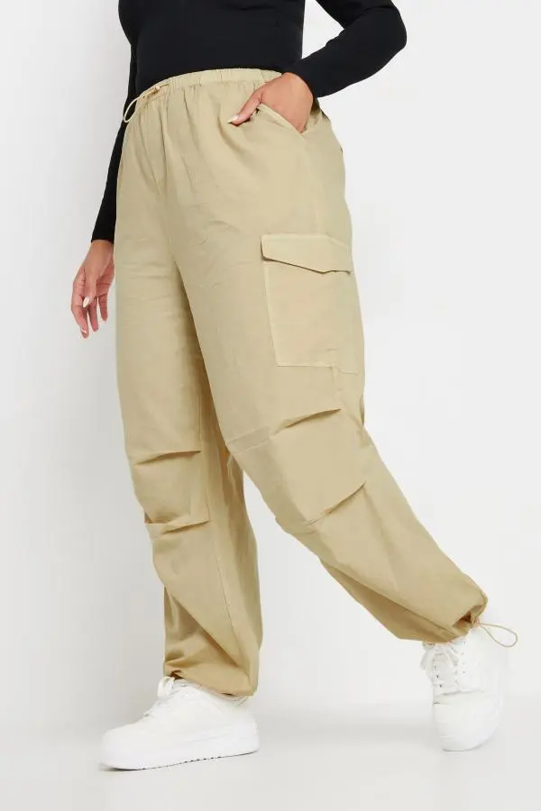 Yours Curve Stone Brown Cargo Parachute Trousers, Women's Curve & Plus Size, Yours