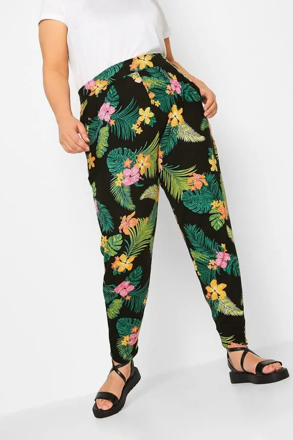 Yours Curve Black Tropical Print Double Pleat Harem Trousers, Women's Curve & Plus Size, Yours