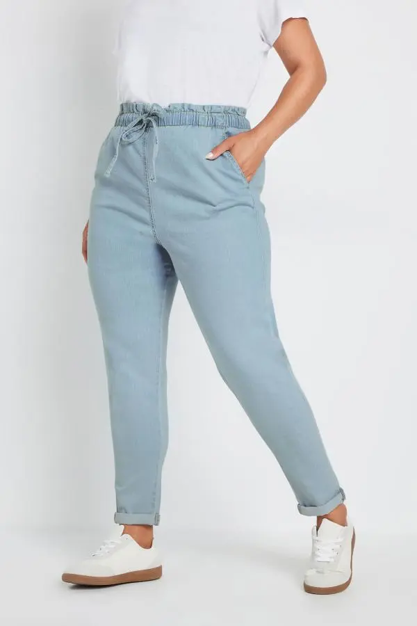 Yours Curve Light Blue Paperbag Waist Stretch Mom Jeans, Women's Curve & Plus Size, Yours