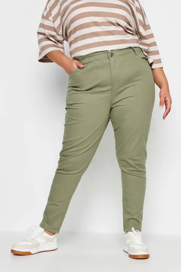 Yours Curve Khaki Green Stretch Elasticated Waist Mom Jeans, Women's Curve & Plus Size, Yours