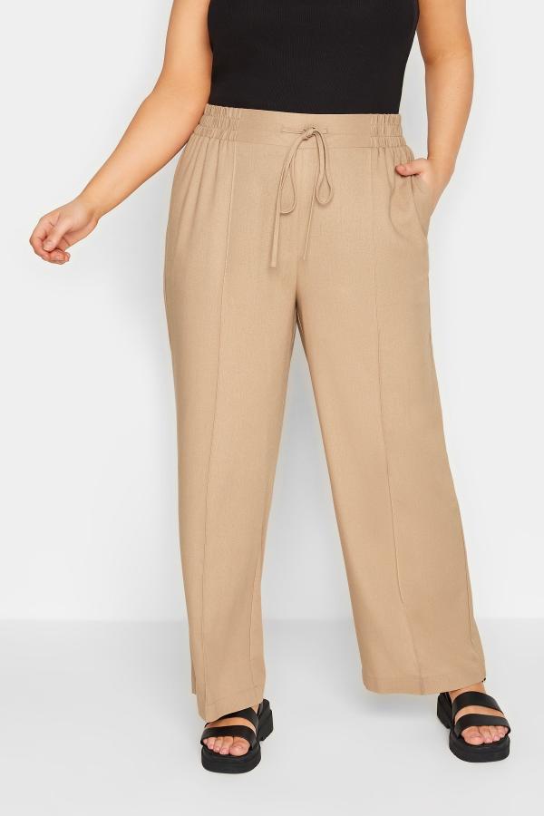 Yours Curve Beige Brown Wide Leg Linen Trousers, Women's Curve & Plus Size, Yours