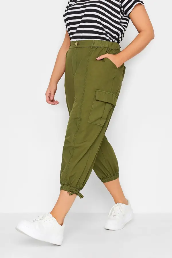 Yours Curve Khaki Green Cropped Cargo Trousers, Women's Curve & Plus Size, Yours
