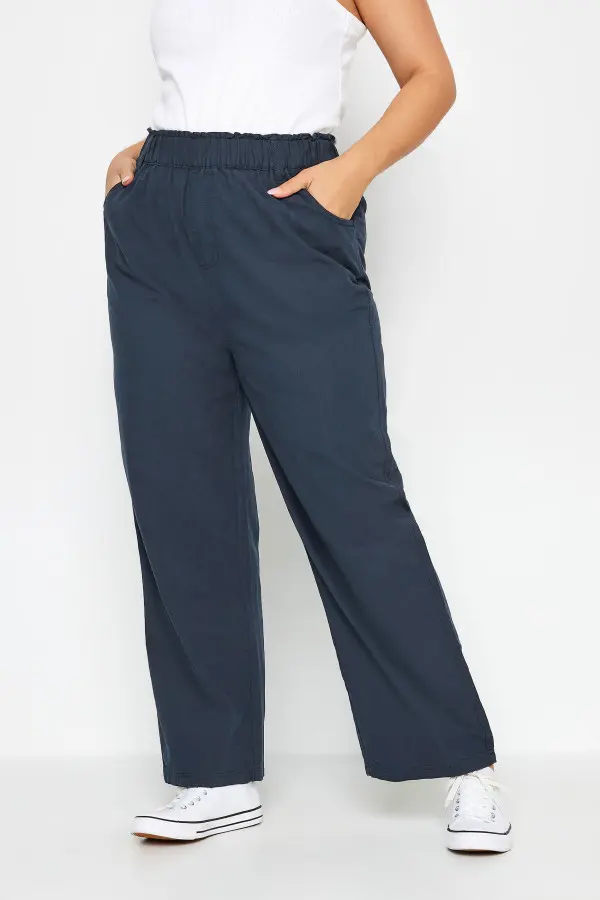 Yours Curve Navy Blue Cool Cotton Wide Leg Trousers, Women's Curve & Plus Size, Yours