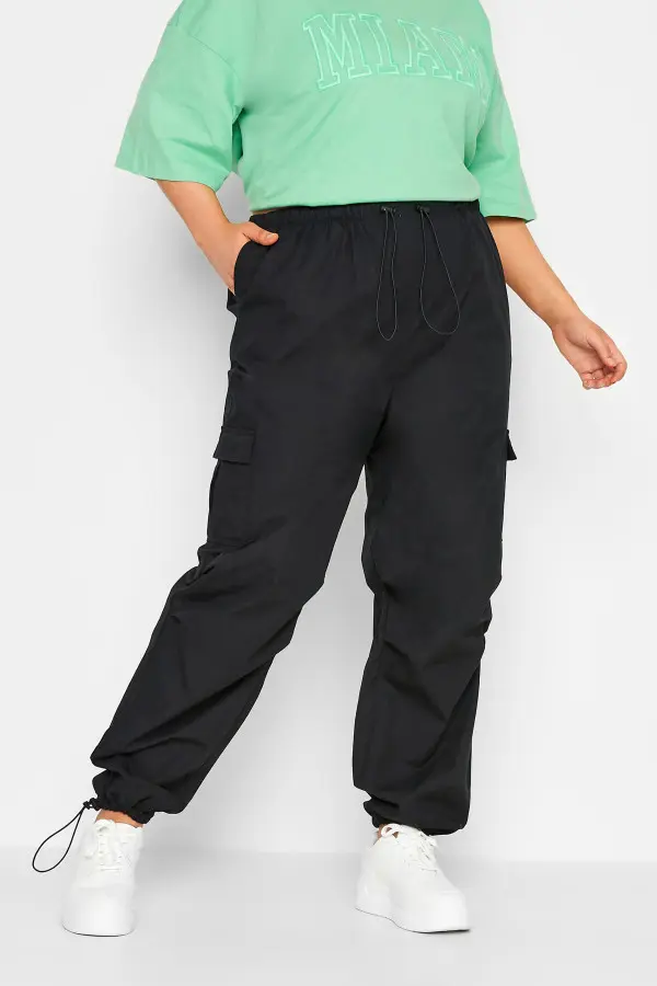 Yours Curve Black Cuffed Cargo Parachute Trousers, Women's Curve & Plus Size, Yours