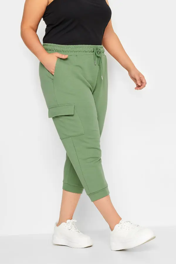 Yours Curve Sage Green Cargo Pocket Cropped Joggers, Women's Curve & Plus Size, Yours
