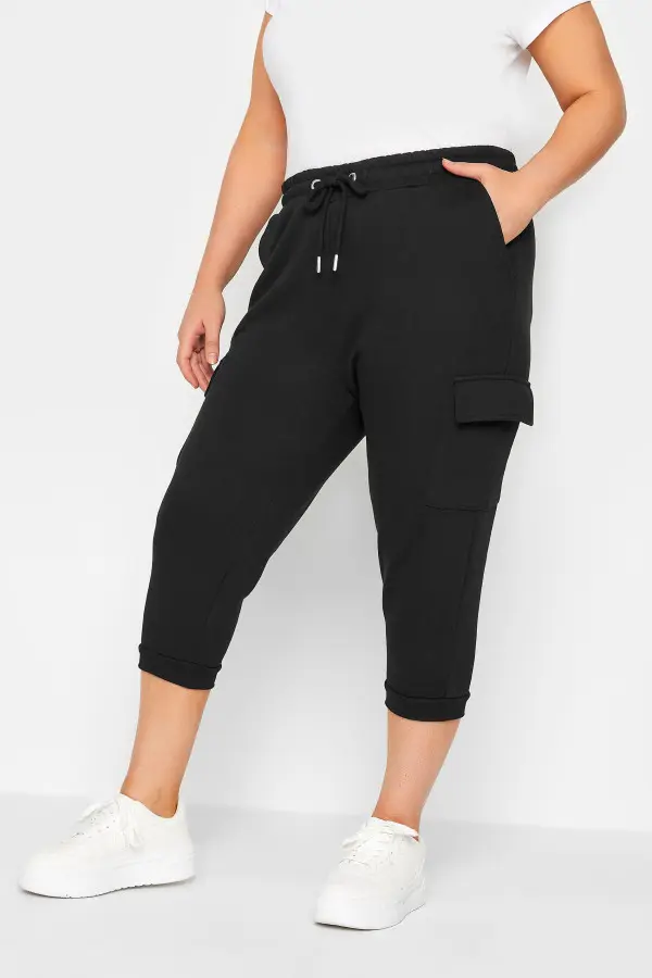 Yours Curve Black Cargo Pocket Cropped Joggers, Women's Curve & Plus Size, Yours