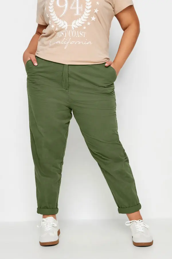 Yours Curve Khaki Green Straight Leg Chino Trousers, Women's Curve & Plus Size, Yours
