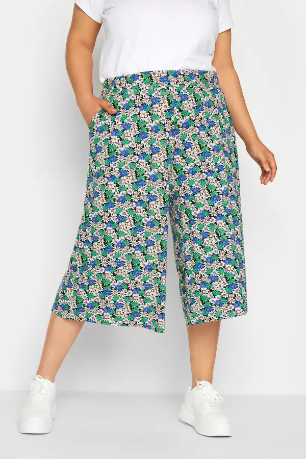 Yours Curve Blue & Black Flower Print Culottes, Women's Curve & Plus Size, Yours