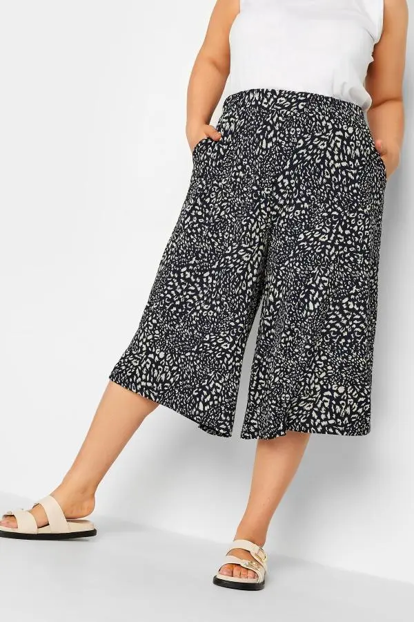 Yours Curve Navy Blue Animal Print Culottes, Women's Curve & Plus Size, Yours