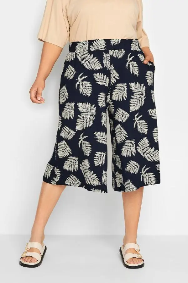 Yours Curve Navy Blue Leaf Print Culottes, Women's Curve & Plus Size, Yours