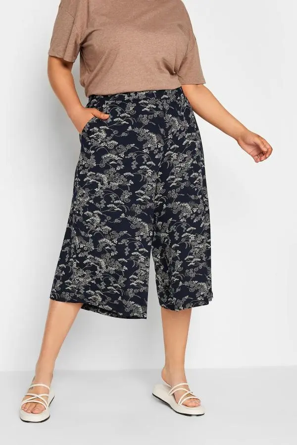 Yours Curve Dark Blue Floral Print Culottes, Women's Curve & Plus Size, Yours