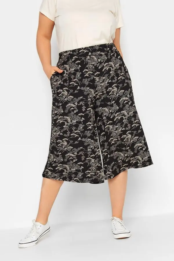 Yours Curve Black & Cream Floral Print Culottes, Women's Curve & Plus Size, Yours