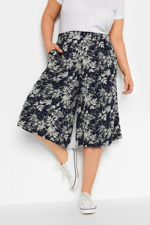 Yours Curve Navy Blue & Natural Leaf Print Culottes, Women's Curve & Plus Size, Yours