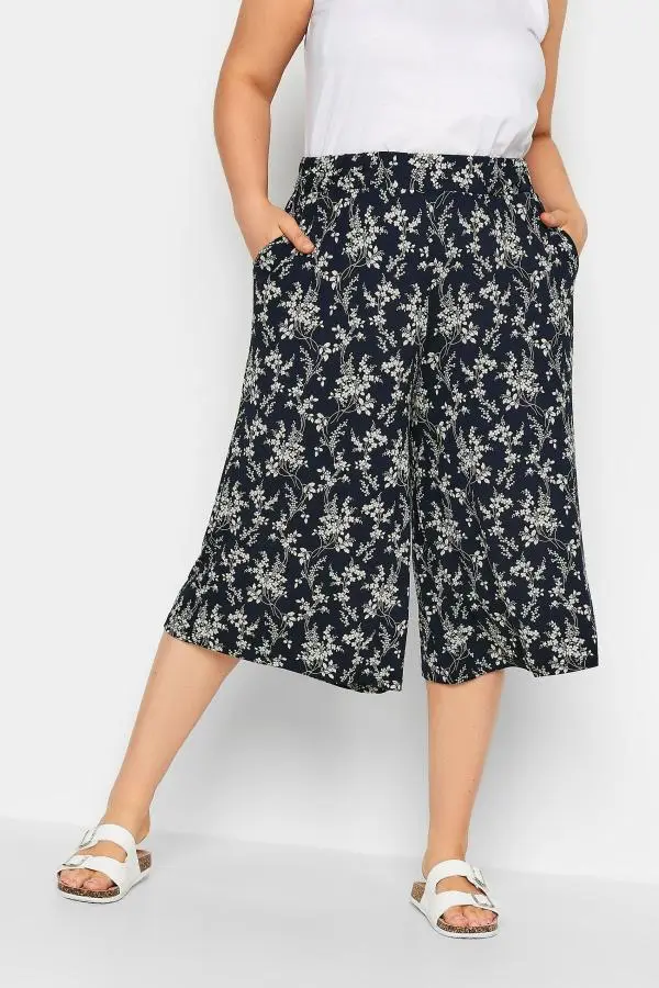 Yours Curve Blue Floral Print Culottes, Women's Curve & Plus Size, Yours