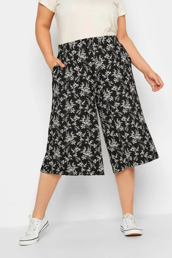 Yours Curve Black Floral Print Culotte, Women's Curve & Plus Size, Yours