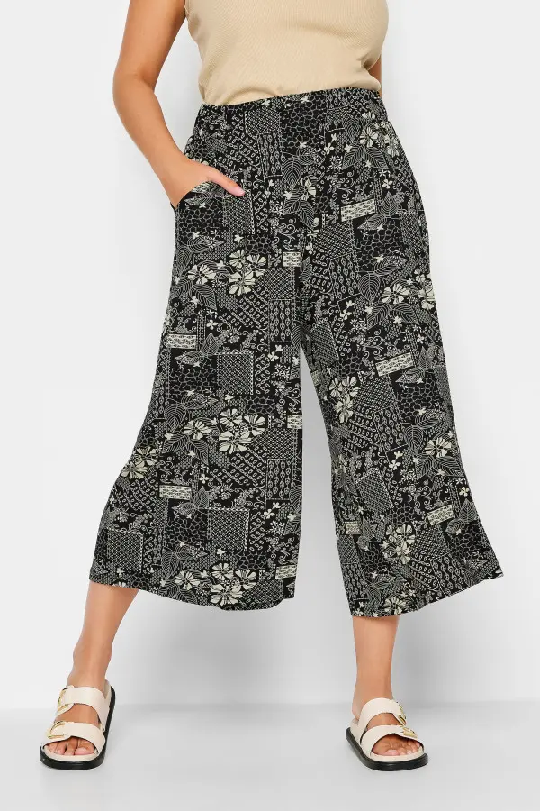 Yours Curve Black Leaf Print Midaxi Culottes, Women's Curve & Plus Size, Yours