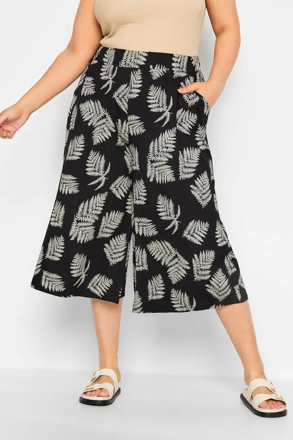 Yours Curve Black & Natural Leaf Print Midaxi Culottes, Women's Curve & Plus Size, Yours