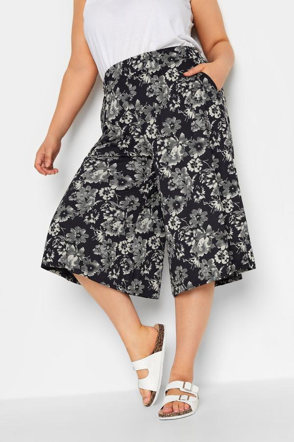 Yours Curve Black Graphic Flower Print Culottes, Women's Curve & Plus Size, Yours