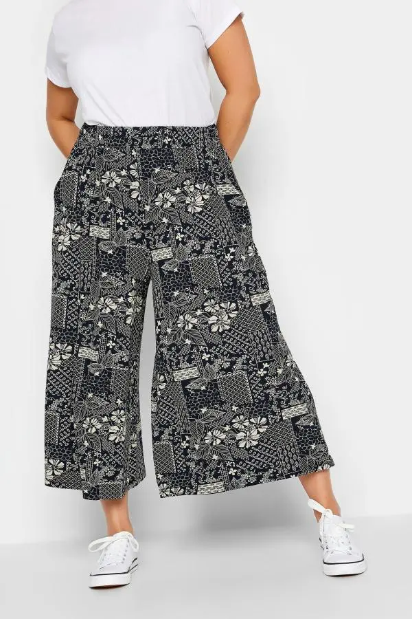 Yours Curve Navy Blue Leaf Print Midaxi Culottes, Women's Curve & Plus Size, Yours