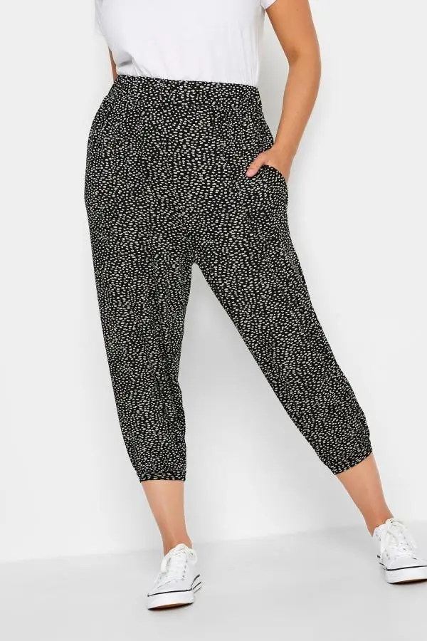 Yours Curve Black Spot Print Cropped Harem Joggers, Women's Curve & Plus Size, Yours